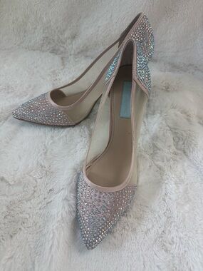 Betsey Johnson “Blue” SB-Elise Champagne Rhinestone Heels – Size 8.5